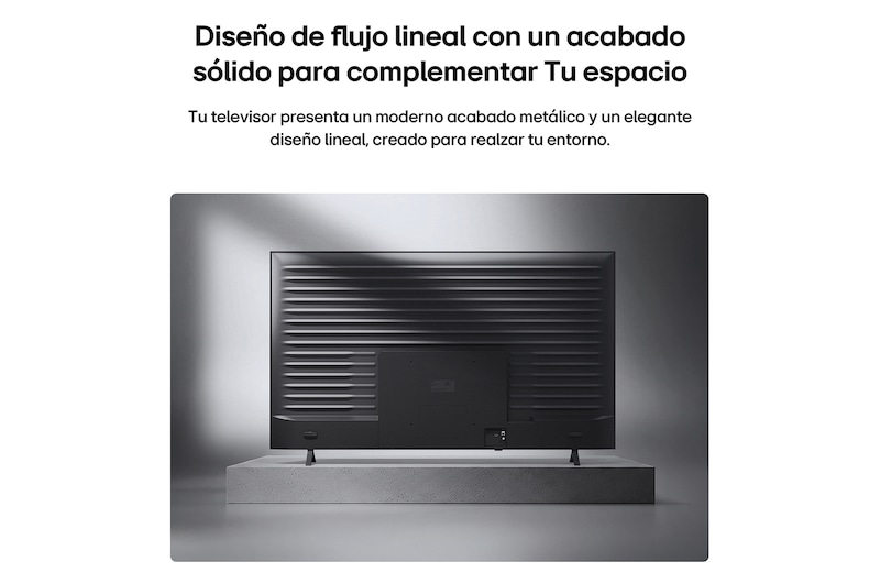 LG QNED AI QNED74 Mini LED is shown from the back, revealing a metallic rear panel with evenly spaced horizontal ridges that create a clean, structured look and emphasize the Linear Flow Design across the entire surface.